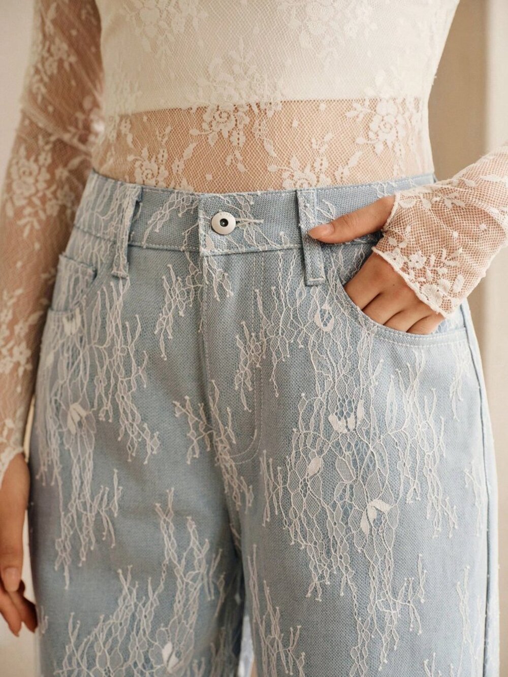 Blue Casual Women's High Waist Wide Leg Lace Denim Jeans - Picture 6 of 6